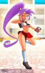 1girls alternate_version_available artist_name backpack black_skirt blue_eyes book breasts dated earrings english english_text female female_only feuerz footwear full_body hair high_resolution highres hips holding_object hoop_earrings legs medium_breasts miniskirt one_eye_closed pointy_ears ponytail pose posing purple_hair red_skirt revealing_clothes school_uniform schoolgirl schoolgirl_uniform shantae shantae_(character) shoes short_skirt skimpy skimpy_clothes skirt socks solo solo_female sparkles speech_bubble text thighs tied_hair wink winking