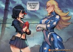 1girl ai_generated amadeus_v athletic black_hair blonde_hair blue_bodysuit blue_eyes blush boku_no_hero_academia building cathleen_bate chain-link_fence facing_another fingerless_gloves futa_on_female futanari kill_la_kill large_breasts long_hair looking_at_another matoi_ryuuko medium_breasts muscular_female my_hero_academia night night_sky open_mouth sailor short_hair smirk standing standoff star_print thick_thighs thread white_gloves