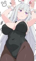 1girls armpits breasts_apart bunny_ears bunny_girl cleavage elf elf_ears elf_female emilia_(re:zero) hips_wider_than_shoulders large_breasts purple_eyes re:zero_kara_hajimeru_isekai_seikatsu silver_hair solo standing thick_thighs