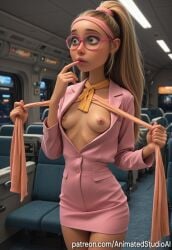 1girl ai_generated big_hero_6 blonde_hair disney female glasses green_eyes honey_lemon long_hair marvel pink_glasses smile solo