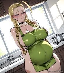 1girl ahoge ai_generated antenna_hair apron arms_behind_back big_ass big_belly black_choker blonde_hair blue_eyes blush braid breasts bubble_butt cammy_white capcom choker cleavage collarbone comic comic_page covered_navel cowboy_shot curvy english_text green_apron half-closed_eyes highres huge_ahoge huge_breasts indoors kitchen large_breasts long_hair looking_at_viewer meme multiple_panels naked_apron phanary pregnant scar scar_on_cheek scar_on_face sideboob smile solo speech_bubble stove street_fighter street_fighter_6 street_fighter_v thick thick_thighs thighs twin_braids window