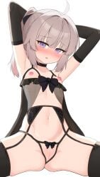 1girl absurdres ahoge armpits arms_up babydoll black_babydoll black_gloves blush breasts censored cheyanne_(girls'_frontline_2) commentary_request daidaradoji elbow_gloves garter_belt girls'_frontline girls'_frontline_2:_exilium gloves grey_hair highres lingerie looking_at_viewer m200_(girls'_frontline) mosaic_censoring navel nipples ponytail pussy simple_background small_breasts solo underwear white_background