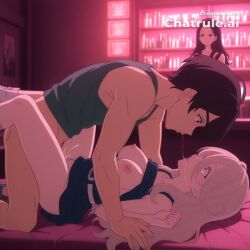 1boy 1girl 2girls 2girls1boy ai_assisted ai_generated anime_coloring anime_screencap blank_stare blonde_hair breasts_out brown_eyes closed_mouth collarbone facing_each_other grey_hair hair_between_eyes kissing laying_down laying_on_top legs_apart legs_open long_hair missionary_position multiple_partners neon_lights on_bed parted_lips prostitution side_view tank_top threesome top_down wavy_hair white_belt wide_eyed
