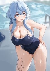 1girl absurdres ako_(blue_archive) black_one-piece_swimsuit blue_archive blue_eyes blue_hair breasts bulge cleavage commentary_request competition_school_swimsuit covered_nipples covered_penis covered_testicles erection erection_under_clothes futanari hand_on_own_hip hand_on_own_thigh highres large_breasts leaning_forward long_hair naridori one-piece_swimsuit open_mouth pool school_swimsuit sidelocks smile solo standing swimsuit