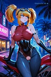1girl aged_up ai_assisted ai_generated angelica_pickles armor bare_shoulders black_bodysuit blonde_hair blue_eyeshadow blue_jeans city cityscape clouds cowboy_shot crotchless curvy cute dark_theme day detailed_background detailed_pussy dynamic_lighting earrings elbow_gloves fishnets gloves goggles_on_head hairpin high_contrast kagami_hirotaka koukawa_oboro long_hair looking_at_viewer neon_lights night night_sky outdoors red_shirt rugrats sleeveless soft_shading taimanin_asagi_zero taimanin_suit thigh_gap twintails visible_pussy