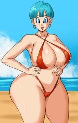 1girls beach bikini blue_hair bulma bulma_(dragon_ball) bulma_briefs curvy earrings milf panarandom solo