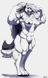 1girls abs akkusky anthro black_fur black_nipples black_nose black_pawpads bodybuilder breasts demon grey_body grey_fur grey_hair hellhound helluva_boss hyper_muscles long_hair looking_at_viewer loona_(helluva_boss) muscular muscular_anthro muscular_female pawpads sharp_teeth teeth toe_claws tongue tongue_out vivienne_medrano white_background white_body white_fur