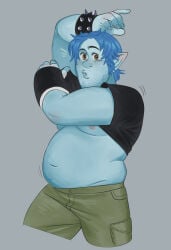 1boy 2022 2d barley_lightfoot belly black_shirt blue_hair cargo_shorts chubby digital_media_(artwork) disney elf green_shorts grey_background hazel_eyes looking_at_viewer male male_only moobs nipples onward_(2020) pixar rokkerth shirt_up shorts simple_background solo spiked_bracelet undressing