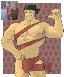 1boy abs armpit_hair bandana bandana_on_head bara bara_body bara_tiddies bara_tits baraboy barazoku beefy biceps big_dick_energy big_penis bigger_male broad_shoulders bulge collarbone cute_male defined_jawline earrings exhibitionism flaccid flaccid_bigger flaccid_penis gay girthy_penis green_armpit_hair green_hair green_pubic_hair half-dressed hunk japanese_male looking_away male male_focus male_only manly masculine masculine_male meme muscular muscular_male nude_guy_wrapped_in_ribbons_standing_(meme) one_piece pecs pectorals penis penis_bulge penis_down pierced_nipples post-timeskip pubic_hair quadriceps ribbon roronoa_zoro scar scar_across_eye scar_on_chest scar_on_face scars six_pack smile triceps