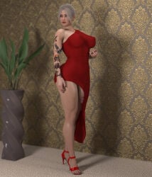1futa 2026 3d 3d_(artwork) black_fingernails black_nails breasts cock dick dickgirl elegant futa futa_only futanari gray_hair high_heels lastsevensoul light_skin mature mature_futa peeking_penis penis piercing posing red_dress standing tattoo tattoo_on_arm tattooed_arm tattoos thighs