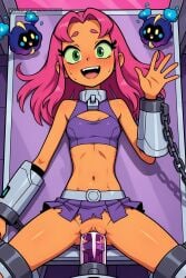 1girl ai_assisted ai_generated close colored_sclera doggystyle dominated facing_away facing_viewer female_only forced_orgasm green_eyes harder high_quality highres looking_over_shoulder mouth_open orange_skin petite_body pink_hair ripped_clothes rough starfire teen_titans teen_titans_go teenage_girl teenager