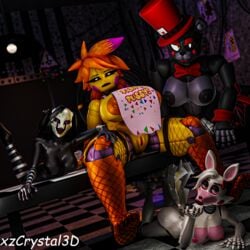 3d animatronic anthro big_breasts blender blender_(software) bonnie_(fnaf) breasts female female_focus female_only five_nights_at_freddy's furry furry_only horror large_breasts lefty_(fnaf) mangle_(fnaf) marionette_(fnaf) monster monster_girl multiple_girls puppet_(fnaf) toy_chica_(fnaf) vagina xzcrystal3d