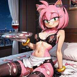 1girl after_sex ai_assisted ai_generated amy_rose animal_ears bare_shoulders bedroom black_lingerie black_stockings body_fur breasts condom cum_covered cum_on_body cum_on_clothes cum_on_face drinking_glass filled_condom furry furry_female green_eyes hedgehog_tail highres holding_used_condom laying_on_back laying_on_bed messy_hair night nipples on_back panties_aside pleasure series shocked_eyes small_breasts solo sonic_(series) tail thick_cum tiny_tits topless tray upper_body_only waist_apron white_curtains
