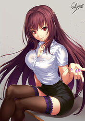 black_skirt bra_peek business_suit cleavage fate_(series) large_breasts pencil_skirt red_eyes red_hair redhead sakiyamama scathach_(fate) sitting skirt skirt_suit stockings tight_skirt white_shirt