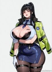 1girls ai_generated arm_under_breasts bangs barcode belt black_bra black_choker black_hair blunt_bangs bra breasts choker cleavage d_(nikke) gloves hair_ornament hairclip huge_breasts jacket jacket_on_shoulders long_hair looking_at_viewer mole mole_on_breast necktie open_clothes pantyhose pencil_skirt police police_uniform policewoman ponytail red_eyes sakaro shirt skirt solo tattoo thick_thighs thigh_strap thighs underwear white_gloves