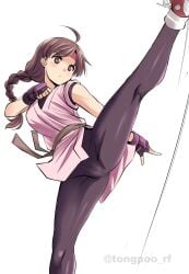 1girls braid braided_ponytail brown_eyes brown_hair flexible king_of_fighters light-skinned_female light_skin pale-skinned_female pale_skin skirt tongpoo tonpuu yuri_sakazaki