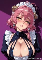 1girl 2026 ahoge ai_generated anime antenna_hair bangs blush boobs breasts cleavage covered_nipples crossover demon_girl demon_horns earrings eye_contact female female_focus flushed frills hair_tubes head_tilt highres horns huge_breasts jewelry juliet_sleeves kyonyuu_fantasy large_breasts lips long_sleeves looking_at_viewer maid maid_headdress mole nsfw parted_lips patreon pink_hair pointy_ears puffy_sleeves purple_background rognezart shamsiel shamsiel_shahar shiny short_hair solo sweat sweaty upper_body yellow_eyes
