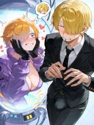 1girl ai_generated big_breasts body_swap body_switch bodyswap erection_under_clothes female female_focus hetero one_piece rcos sanji speech_bubble vegapunk_lilith woman