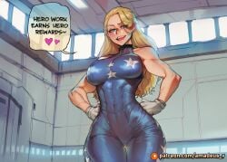ai_generated amadeus_v blonde_hair blue_bodysuit blue_eyes boku_no_hero_academia bulge cathleen_bate color comic cowboy_shot futanari grin gym hands_on_hips heroic_pose large_breasts long_hair looking_at_viewer mirror muscular_female my_hero_academia open_mouth solo standing star_print uncensored white_gloves white_walls window