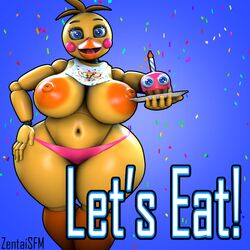 3d 3d_(artwork) beak belly_button bib big_breasts blue_eyes breasts cheek_bulge cheek_poke cheek_spots cheek_tuft cheeks chicken cupcake cupcake_(fnaf) dark_blue_eyes erect_nipples five_nights_at_freddy's five_nights_at_freddy's_2 front_view hand_on_hip hand_on_thigh holding_object huge_breasts huge_toy_chica large_breasts legs legs_crossed looking_at_viewer nipples open_mouth panties runaboo_chica sfm sideboob solo source_filmmaker thick thick_thighs thighs top_heavy toy_chica_(fnaf) underwear wide_hips yellow_body yellow_skin zentaisfm