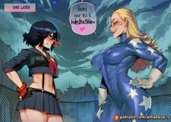 1girl ai_generated amadeus_v athletic black_hair blonde_hair blue_bodysuit blue_eyes boku_no_hero_academia building cathleen_bate chain-link_fence confrontation cowboy_shot days_later facing_another fingerless_gloves futa_on_female futanari grin hand_on_hip kill_la_kill large_breasts long_hair looking_at_another matoi_ryuuko medium_breasts muscular_female my_hero_academia night night_sky open_mouth sailor scowl short_hair standing star_print thick_thighs thread white_gloves