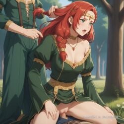 1girl ai_assisted ai_generated braid circlet collar cowgirl deepthroat earrings embarrassed frills green_dress green_eyes group_sex hera long_hair long_sleeves moaning naked necklace outside overalls pants parted_bangs pussy_sex red_hair saliva shaking side_view spread_legs suspenders tree
