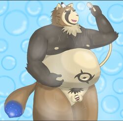 2021 anthro balls bathing belly canid canine closed_eyes flaccid genitals kemono live-a-hero male mammal moobs nipples overweight overweight_male penis raccoon_dog shirokuma_210 shoen_(live_a_hero) small_penis solo tanuki video_games