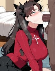 1boy 1girls ai_generated big_breasts big_penis black_skirt blowjob blue_eyes blush blush_lines blushing breasts brown_hair dark-skinned_male dark_skin erodreams fate/stay_night fate_(series) fellatio female hair hand_on_head interracial light-skinned_female light_skin long_hair male oral oral_penetration oral_sex penis short_skirt skirt sucking sucking_penis tohsaka_rin veiny_penis