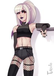 1boy androgynous belt clothed crop_top elbow_gloves femboy feminine_male fishnet_legwear fishnets goth lipstick midriff oc original_character purple_lipstick red_eyes simple_background solo_male trap tulipsie white_background white_hair