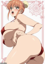 1girl ass bikini blush breasts bun_cover cameltoe eyelashes from_below hair_bun huge_breasts looking_at_viewer moeshino open_mouth red_bikini swimsuit underboob yellow_eyes