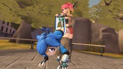 amputee amputee_(lore) ass_focus asscheeks asscrack blue_hair bows_in_hair bullied bully bullying gamer gamer_girl humiliation lifting_wedgie pants_down pants_pulled_down pigtails pink_hair prosthetic_arm purple_dye purple_eyes saiko_bichitaru_(smg4) short_female smg4 socks_and_sandals tall_female tari_(smg4) wedgie wedgied_female yellow_dye