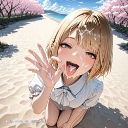1girl 8k ai_assisted ai_generated ashley_graham awaiting_cum beach blonde_hair blue_sky bow brown_hair cherry_blossoms closed_mouth cloud collared_shirt cum_in_hair cum_on_face cum_on_hands day fellatio_gesture flower full_body green_eyes hand_up kneeling looking_at_viewer naked open_mouth oral_invitation outdoors puffy_short_sleeves puffy_sleeves reaching_towards_viewer resident_evil selfie shirt short_sleeves sky smile tongue_out tree upper_body v view_from_above white_bow white_flower white_shirt