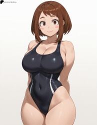 1girl 1girls ai_generated armpit_crease arms_behind_back blush_stickers boku_no_hero_academia breasts brown_eyes brown_hair cleavage closed_mouth collarbone competition_swimsuit covered_navel curvy hi_res high_quality high_resolution highres large_breasts legs_together light lips looking_at_viewer my_hero_academia nose ochako_uraraka one-piece_swimsuit opal_nemy patreon_logo patreon_url patreon_username plain_background self_upload shadow shiny shiny_clothes shiny_hair shiny_skin short_hair simple_background smile solo standing swimsuit thick_eyebrows thick_thighs thighs uraraka_ochako watermark white_background wide_hips