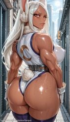 1girl ai_generated ass backdoorsenpai bare_shoulders belt big_ass boku_no_hero_academia close-up crescent_print curvy dark-skinned_female egao female female_focus female_only fur_collar head_out_of_frame highleg_leotard hip_focus large_breasts long_eyelashes long_hair lower_body mirko muscular_female my_hero_academia naughty_face naugty_eyes parted_bangs perky_breasts purple_thighhighs rabbit_ears rabbit_girl red_eyes sleeveless_turtleneck_leotard solo taut_leotard thick_thighs thighs white_gloves white_hair white_leotard wide_hips