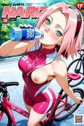 ai_generated bicycle breasts drinking_water faprunner78 female female_only looking_at_viewer magazine_cover naruto_(series) natural_breasts nipples one_breast_out pink_hair sakura_haruno small_breasts turquoise_eyes water_bottle
