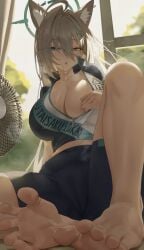 1girl animal_ears barefoot bike_jersey bike_shorts blue_archive blue_eyes breasts cameltoe cycling_uniform electric_fan grey_hair highres large_breasts looking_at_viewer naig_(naiji) open_mouth partially_unzipped shiroko_(cycling)_(blue_archive) shiroko_(terror)_(blue_archive) sitting soles solo sweat wolf_ears wolf_girl