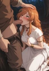 ai_generated blowjob flamme_(sousou_no_frieren) green_eyes long_hair medium_breasts nude orange_hair uncensored