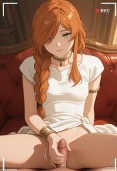ai_generated flamme_(sousou_no_frieren) green_eyes long_hair masturbation medium_breasts nude orange_hair skinny small_penis uncensored
