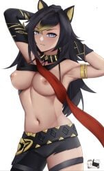 absurdres animal_ears armpits arms_behind_head asymmetrical_clothes bangs black_gloves black_hair black_pants black_shirt blonde_hair breasts cat_ears crossed_bangs dark-skinned_female dark_skin dehya_(genshin_impact) dynorz elbow_gloves english_commentary female genshin_impact gloves hair_between_eyes highres long_hair looking_at_viewer multicolored_hair nipples pants purple_eyes shirt streaked_hair torn_clothes torn_pants whitewashed