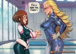 1girl ai_generated amadeus_v blonde_hair blue_bodysuit blue_eyes blue_mats blush bob_cut bodysuit boku_no_hero_academia brown_eyes brown_hair cathleen_bate curvy facing_another futa_on_female futanari large_breasts long_hair looking_at_another medium_breasts mirror muscular_female my_hero_academia open_mouth pink_gloves rosy_cheeks short_hair smirk standing standoff star_print training uraraka_ochako utility_belt white_gloves window