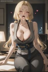 1girl ai_generated bangs bare_shoulders black_kimono blonde_hair blush breasts cleavage collarbone cum cum_in_mouth cum_on_body cum_on_breasts cum_on_upper_body facial facial_mark forehead_mark heart hi_res high_quality high_resolution indoors japanese_clothes large_breasts long_hair looking_at_viewer naruto_(series) obi open_mouth patreon patreon_username sash seductive sexy sitting sleeveless solo tongue tongue_out tsunade uncensored very_long_hair watermark