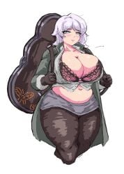 1girls belly belly_button blue_eyes blush blushing blushing_female bra breasts faust_(limbus_company) female flying_button guitar_case huge_breasts huge_thighs limbus_company lingerie lingerie_bra littleteze navel pink_lips project_moon thick_thighs thighs walpurgis walpurgis_night white_hair