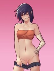 ass_visible_through_thighs bakemonogatari bandaged_arm bandages bandeau blue_hair brown_eyes commission contrapposto cutoffs denim denim_shorts hair_between_eyes hand_on_hip highres kanbaru_suruga light_blush monogatari_(series) navel no_panties pink_background pomelomelon pussy short_shorts shorts shorts_pull smirk tomboy uncensored