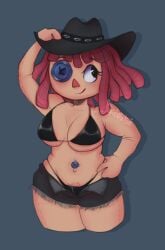 1girls 2026 big_breasts bikini black_bikini black_hat bra breasts button_belly_button button_eye chubby cowboy_hat cowgirl_outfit doll_girl glitch_productions gooseworx hand_on_hat hand_on_hip pierced_belly_button pubic_tattoo ragatha ragatha_(tadc) ragatha_(the_amazing_digital_circus) ragdoll red-haired_female red_hair short_shorts solo_female tagme tagme_(artist) tattoo the_amazing_digital_circus