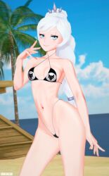 1girls arrancon bikini bikini_bottom bikini_top half-dressed half_naked half_naked_female long_hair long_hair_female rwby solo_female weiss_schnee white_hair white_hair_female