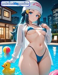 1girls 2026 ai_assisted ai_generated anime ball bikini blue_bikini boobs breasts building bust city cityscape dawn_(pokemon) hat hi_res high_quality high_resolution highres navel night nintendo patreon patreon_username pokemon pokemon_(creature) pool sky skypassion stable_diffusion swimsuit tits water watermark