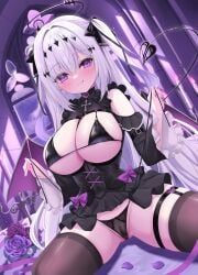 balut_(7676i) blush closed_mouth corset cute frills halo huge_breasts legs_apart licking_lips looking_at_viewer pulling_panties purple_eyes smile succubus succubus_tail succubus_wings vulva wariza white_hair
