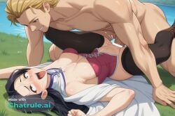 1girl ahegao ai_assisted ai_generated arched_back aroused black_hair blonde_hair blurred_background blushing cowboy_shot cross_eyed cum_on_face cumming daytime deep_penetration dramatic_lighting drool dutch_angle eye_roll eyeroll flirty frieren grimace horny lake legs_up line_art long_hair purple_eyes