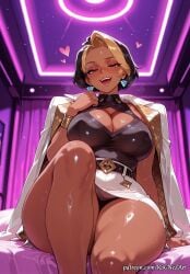 1girl 2026 ai_generated anime belt black_hair blizzard_entertainment blonde_hair blush boobs bracelet breasts brown_eyes cleavage cleavage_cutout clothing_cutout covered_nipples crossover dark-skinned_female dark_skin domina domina_(overwatch) earrings eye_contact female female_focus flushed heart highres huge_breasts indoors inside jacket jacket_on_shoulders jewelry large_breasts looking_at_viewer makeup moaning multicolored_hair nsfw open_mouth overwatch patreon ring rognezart shiny shiny_skin short_hair sitting skirt smile smiling solo sweat sweaty thick_thighs thighs two-tone_hair white_jacket white_skirt