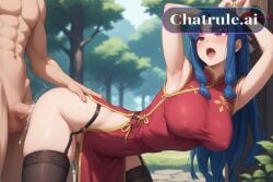 1girl ai_assisted ai_generated blue_hair china_dress close_up cock_in_pussy collar cowgirl creampie dress embarrassed harness inside leaning_forward moaning outside parted_bangs purple_eyes pussy_sex saliva shaking side_slit side_view spread_legs thigh_focus tree
